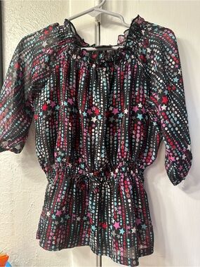 Faded Glory Black Peasant Blouse with Pink, Teal & White Stars